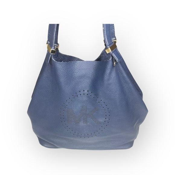 Michael Kors 𖦹 MK Perforated Logo Grab Bag Handbag 𖦹 Navy Pebbled Leather 𖦹 - Picture 8 of 17